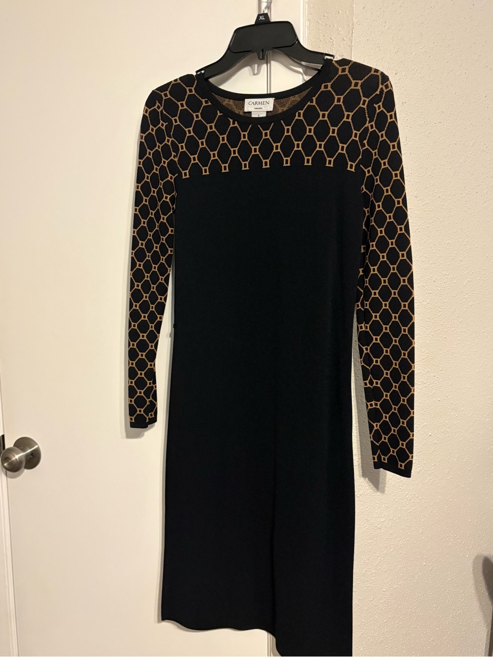 Carmen Marc Valvo Black Dress with Gold Geometric Yoke & Sleeves